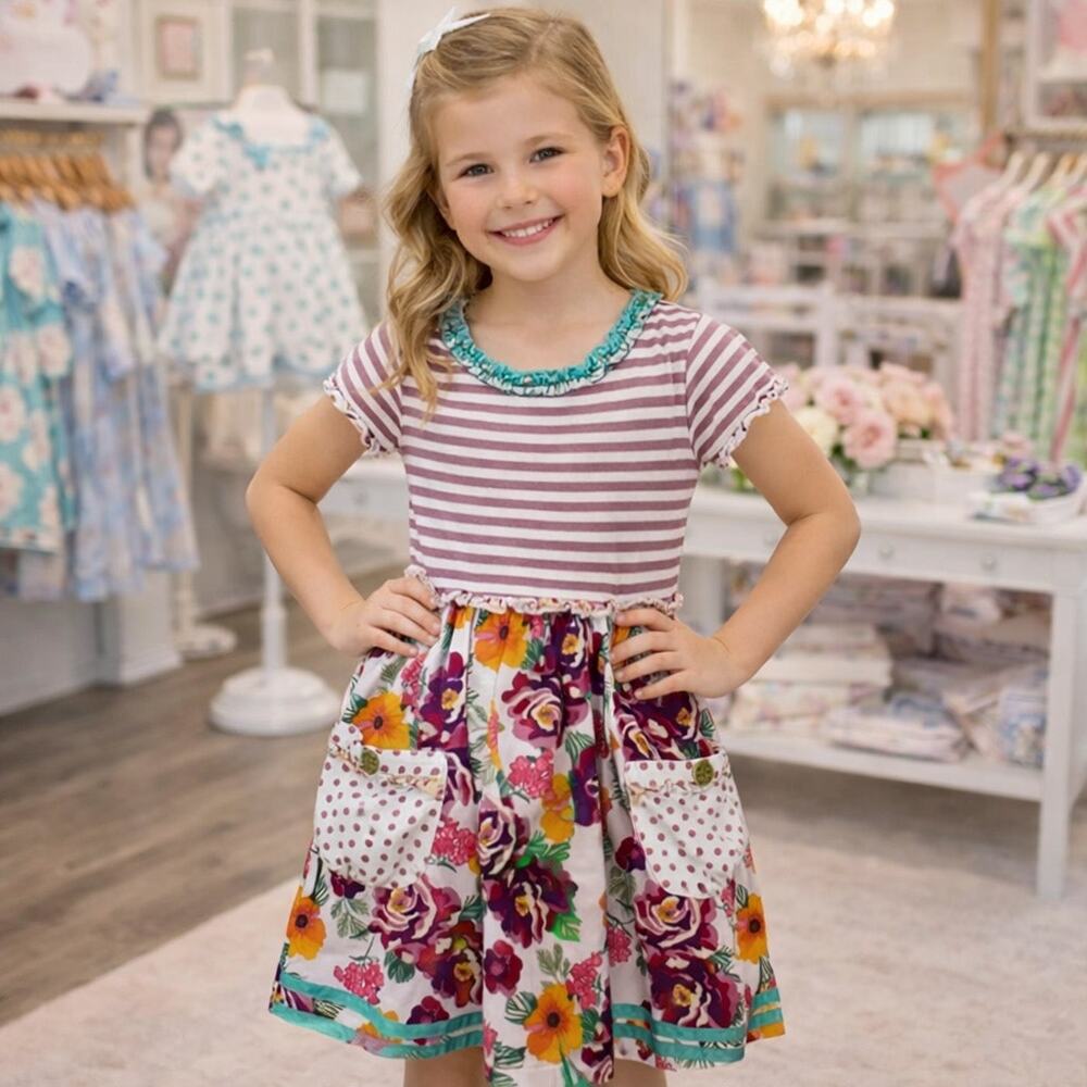 Matilda Jane Pink Red Stripe Floral Mixed Media Dress 8